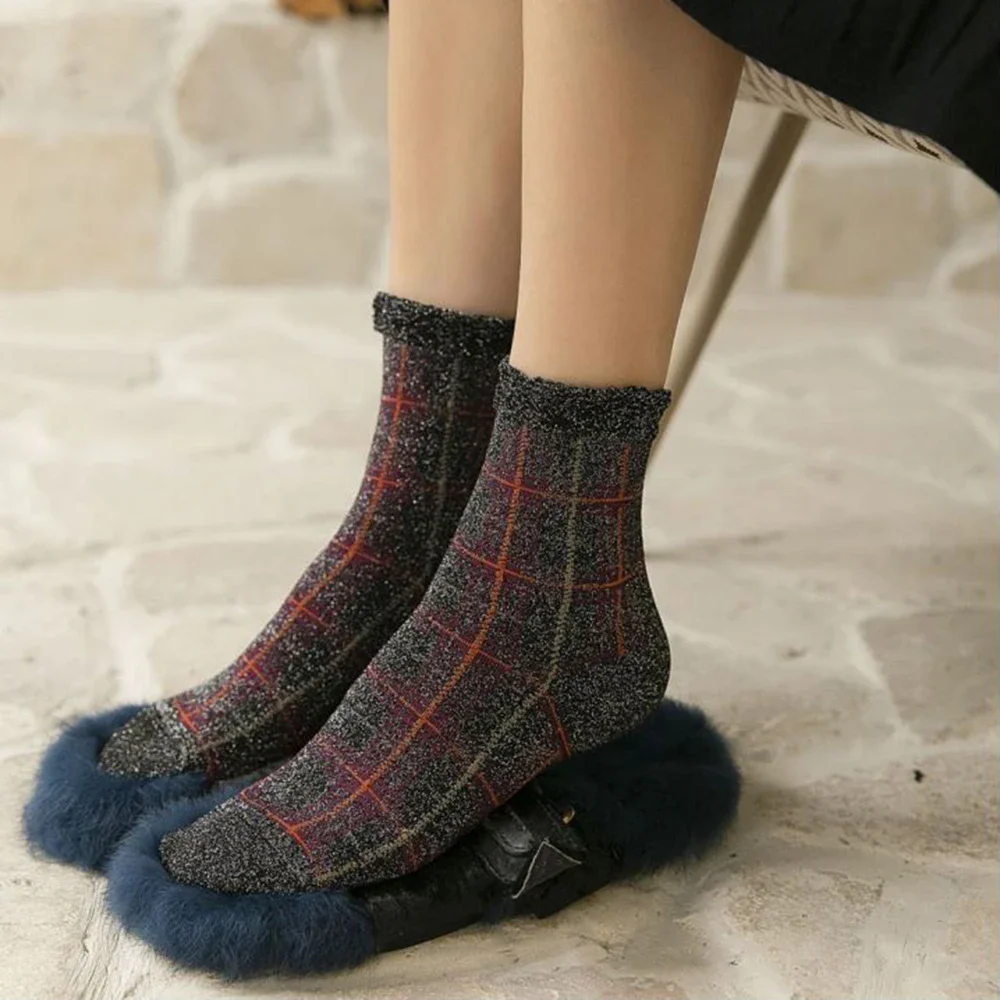 Fashion Metallized Fibres Women Socks Long Autumn Winter Casual Stripe Foot Socks Korean Style Middle Tube Female Floor Sokken