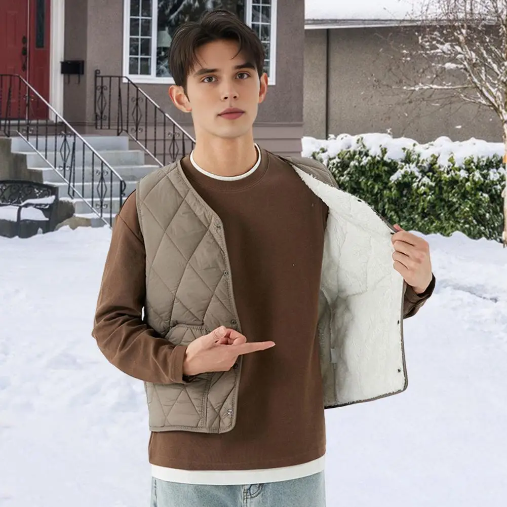 Men Winter Waistcoat No Collar Single Breasted Solid Color Waistcoat with Pockets Thickened Velvet Lining Vest Coat