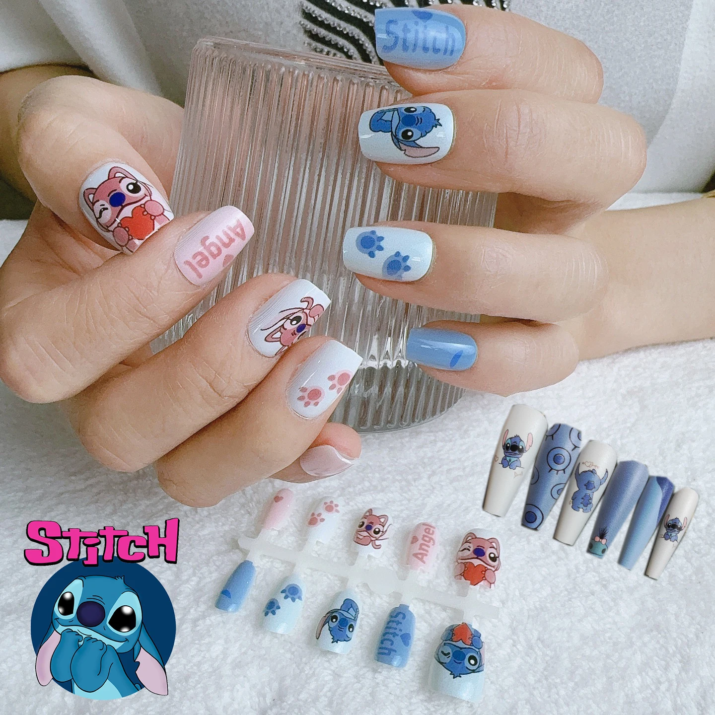 Kawaii Disney Stitch False Nail Cute Cartoon Lilo and Stitch Nail Patch DIY 3D Manicure Sticker Fashion Accessories Girls Gifts