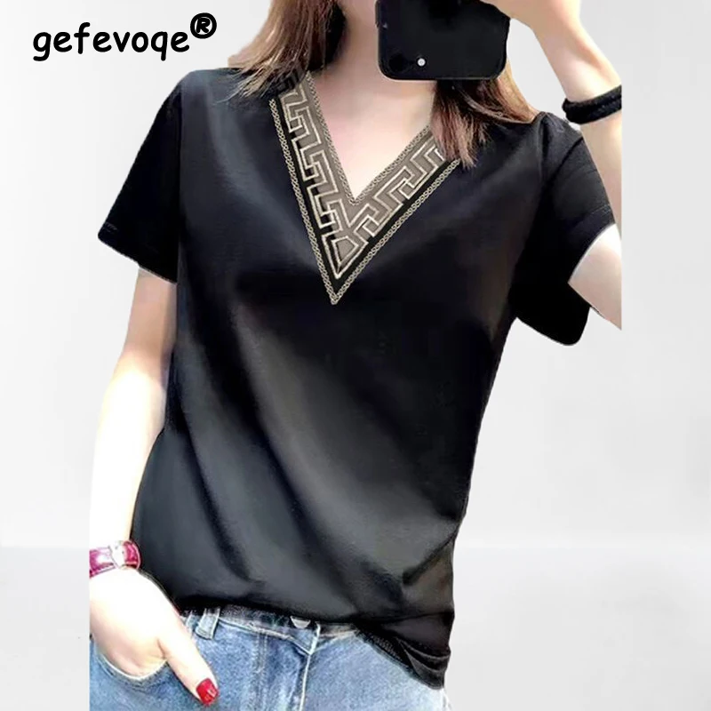 

Women Lace Patchwork Luxury Designer Elegant T Shirt Summer Fashion V Neck Short Sleeve Black White Slim Chic Tops Ropa De Mujer