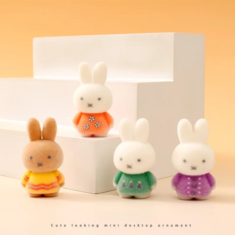 Kawaii Flocking Miffy Rabbit Statue Cute Cartoon Desk Decor Figurine Desktop Ornament Home Car Shelf Decoration Collectible Gift view 4