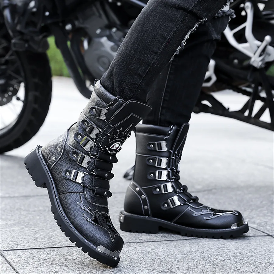 Botas de hombre de alta calidad, Botas de moto estilo Punk Rock a la moda, Botas de cuero de media pantorrilla de lujo, Botas de caballero para hombre, Botas masculinas