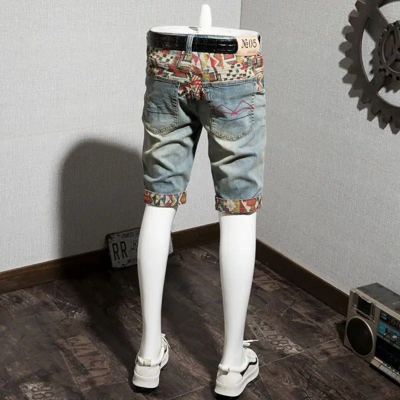 

Summer retro denim shorts men's slim elastic five-point pants trend 5-point middle pants European and American casual pants