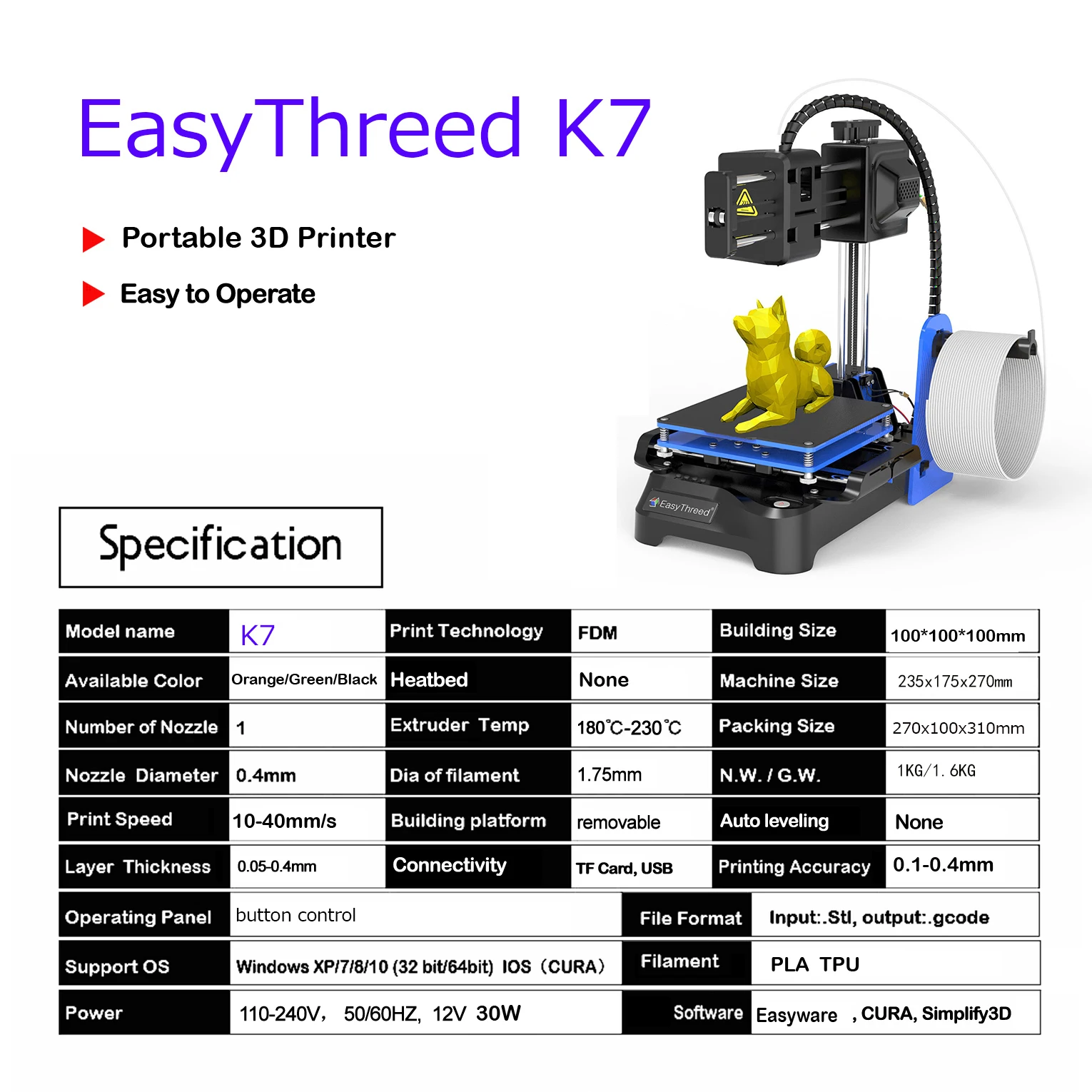 EasyThreed 3D Printer K7 Mini 3D Printers with Low Noise Small 3D Printing Machine Fast Heating DIY Home Compatible with PLA TP