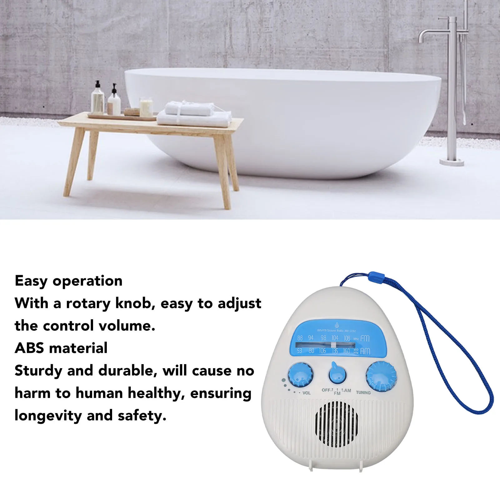 AM FM Shower Radio AM FM Shower Radio Waterproof Portable ABS Bathroom Radio Built in Speaker Battery Operated Shower Radio