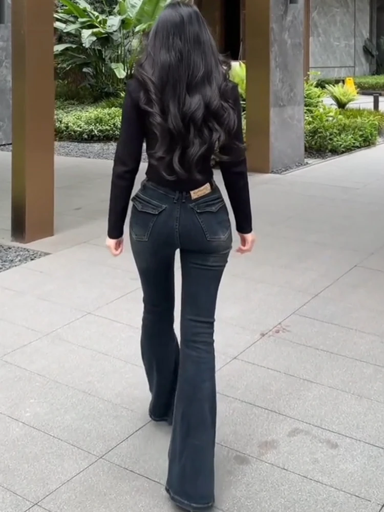 

Женские джинсы-клеш с высокой талией Slim Fit, новинка весна-осень, эластичные, с эффектом подтяжки ягодиц, V-образный пояс