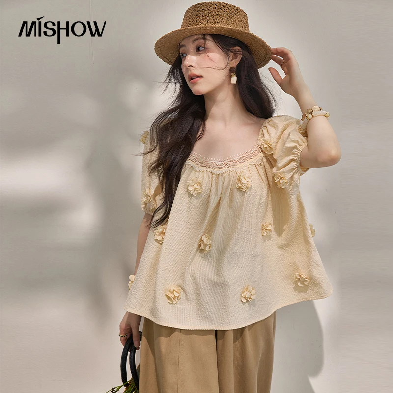 

MISHOW Fashion Yellow 3D Flower Puff Sleeve Blouse 2026 Summer Square Neck French Lace Gentle Romantic Blouse Female MXF24X2634