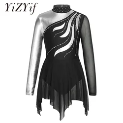 Figure Skating Dress Kids Girls Ballet Gymnastics Leotard Long Sleeve Rhinestone Lyrical Dance Performance Competition Costume