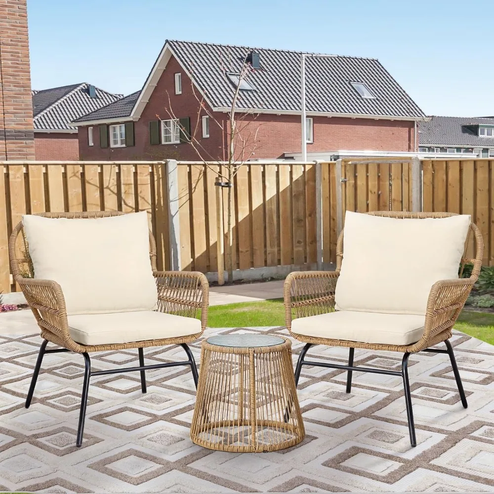 

3 Pcs Boho Outdoor Patio Furniture Sets with Round Side Coffee Table, Natural Color Wicker Conversation Chair Sets with Cozy Be
