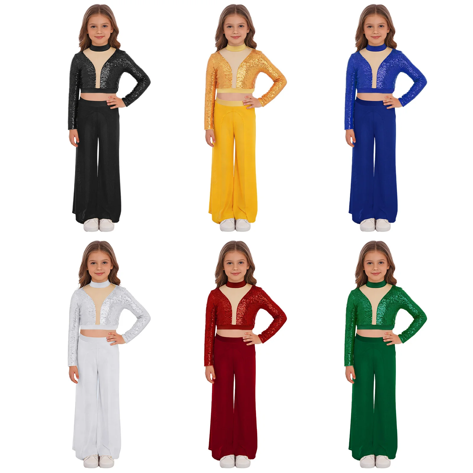 Kids Girls Lyrical Dance Costume Figure Skating Gymnastics Acrobatics Clothes Sequin Crop Top with Mesh Pants Built-in Briefs