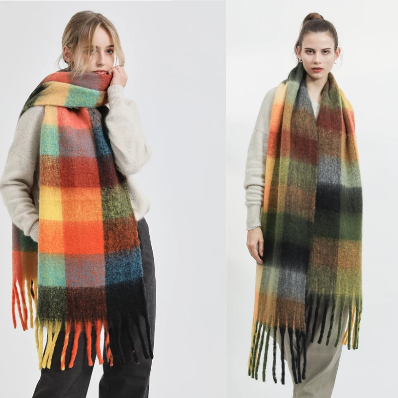 Thick Warm Winter Scarf  New Women Plaid Design Pashmina Shawls Cashmere Shawl Lady Wrap Tassel Scarves Knitted Men Foulard