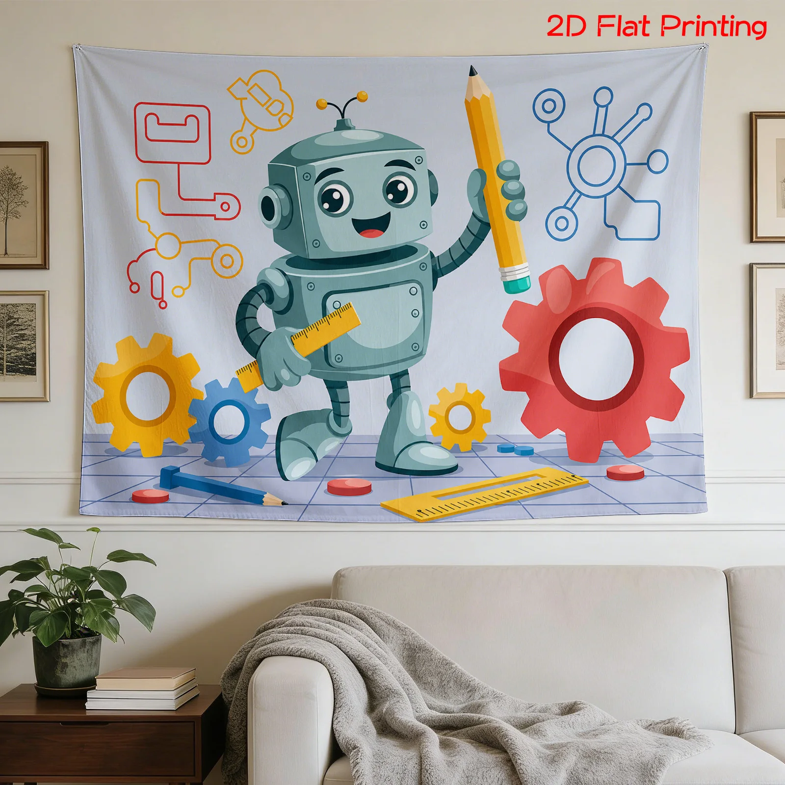 Science Nursery - Modern Robot Blueprint Tapestry Wall Decor
