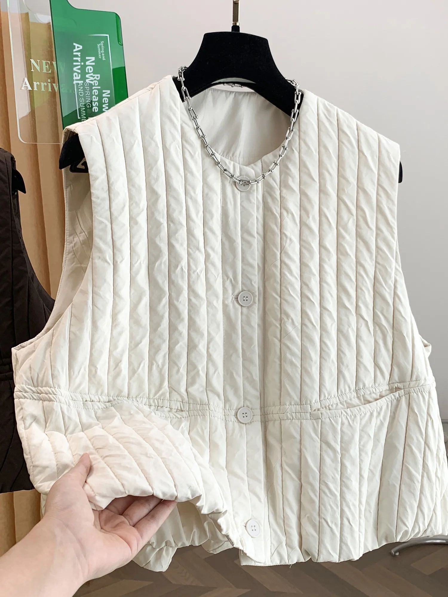 Fashionable Minimalist Quilted Stripe Cotton Vest Women's Winter Lightweight Layering round Neck Open Cardigan Shoulder Top
