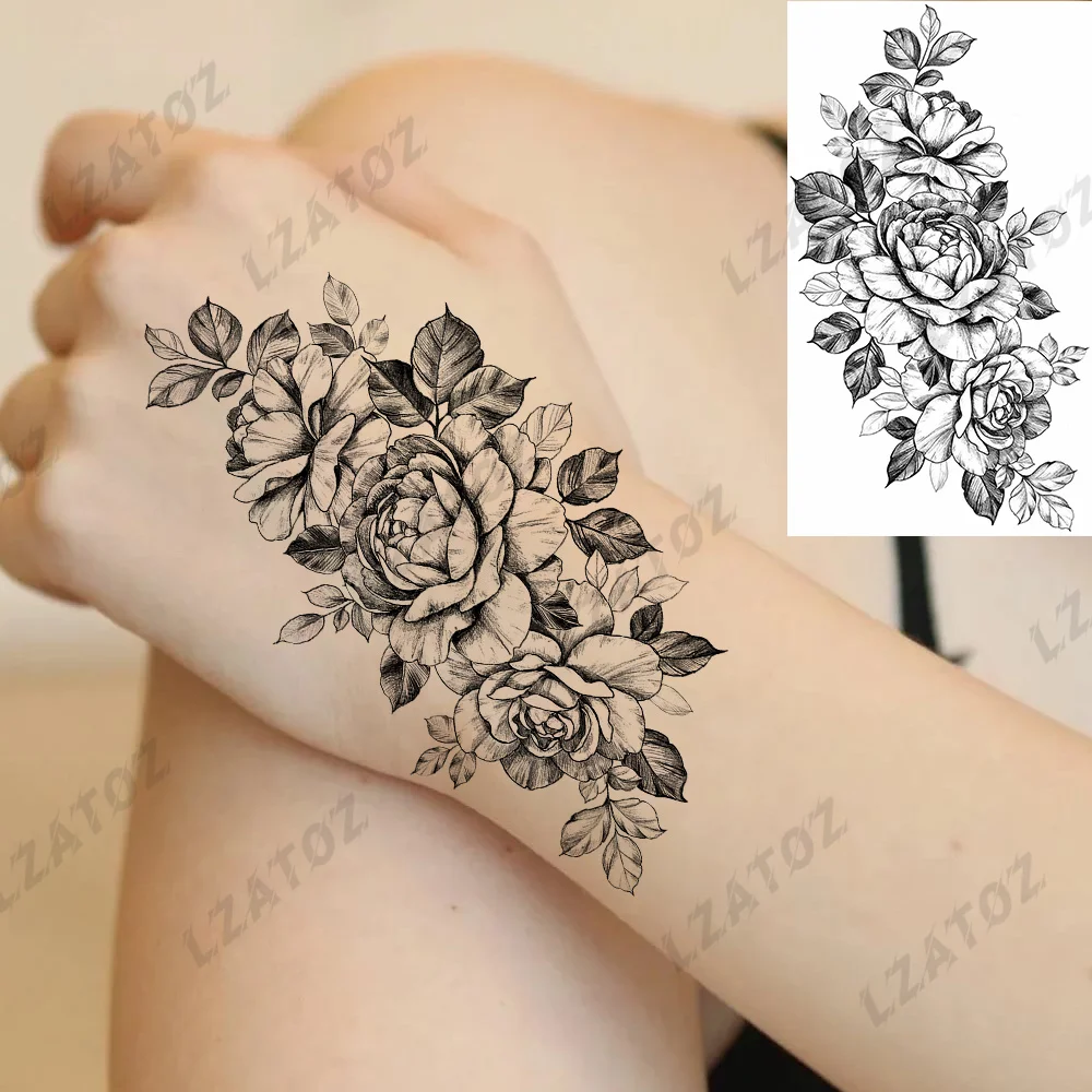 Black Peony Flower Temporary Tattoos For Woman Adults Realistic Fake Rose Dahlia Tattoo Sticker DIY Hand Washable Tatoos