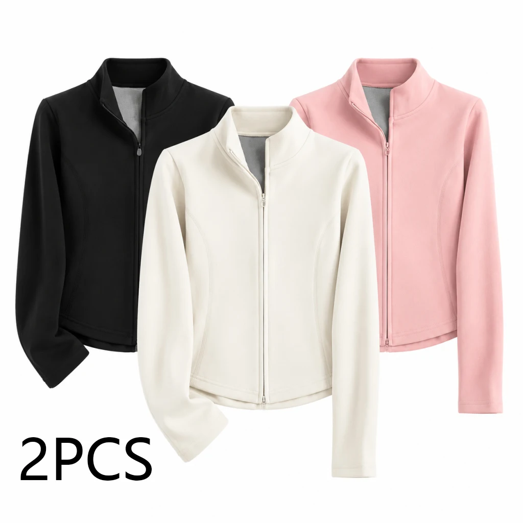 2pcs Women Yoga Warm Jackets Velvet Stand Collar Long Sleeves Zippered Sport Run Coat Autumn Winter Fashion Thicken Slim Fit Top