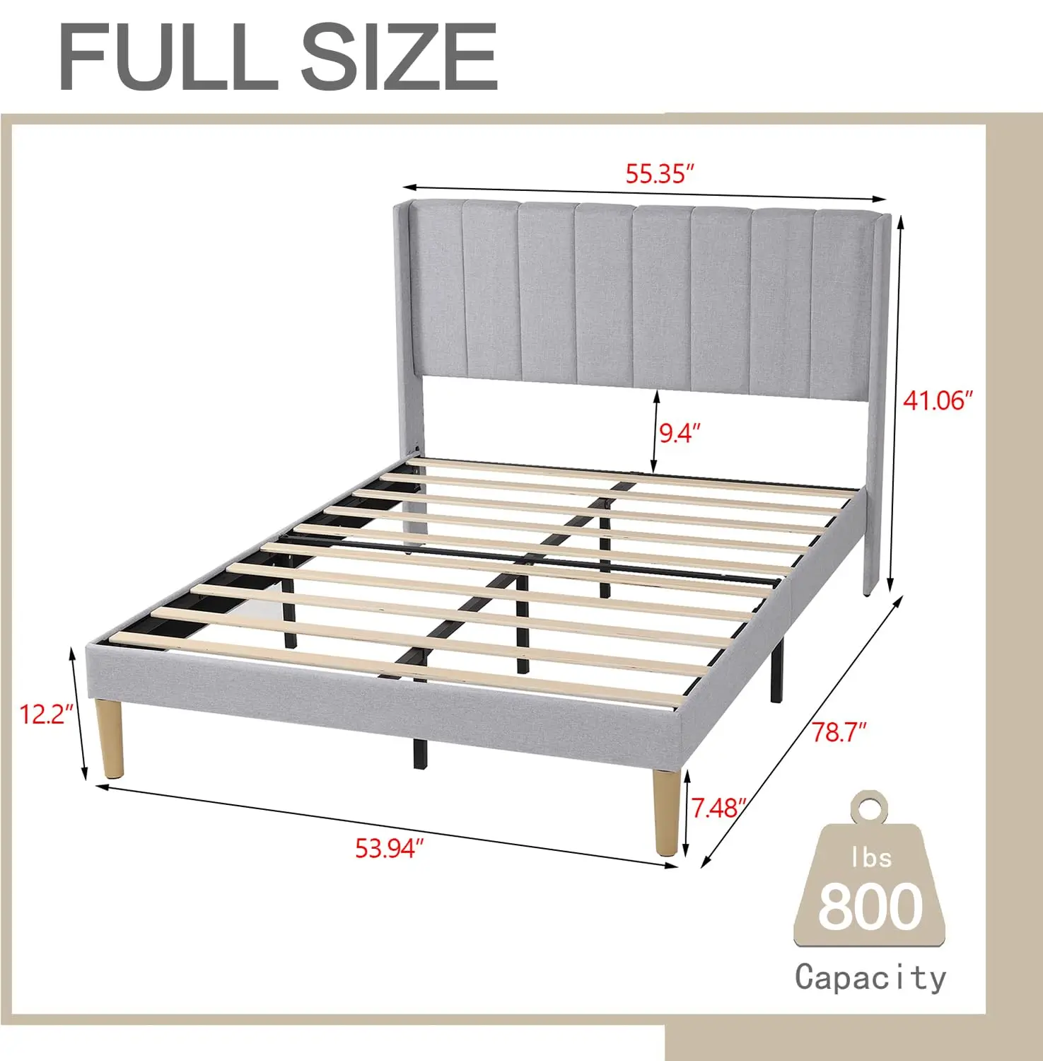 Upholstered Platform Bed Full Size, Light Grey Linen Headboard & Footboard Wooden Slats No Box Spring Easy Assembly, Customized