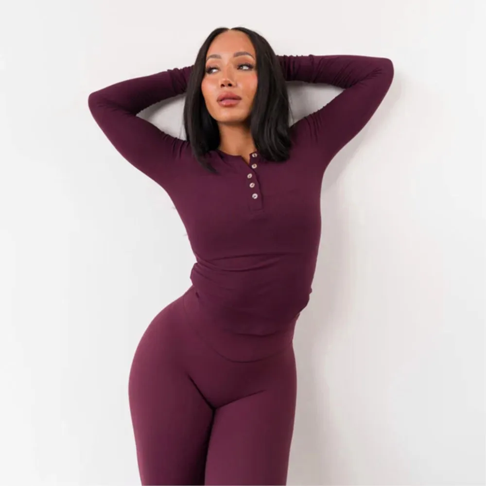 Girocollo raglan con bottoni, orlo curvo, top con strisce per dita, stile semplice, tutto-fiammifero, tinta unita, sottile, confortevole, casual, alla moda