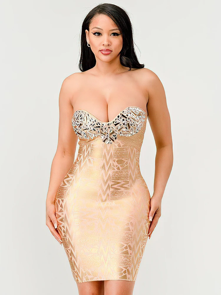 VC Gilded Glamour Strapless Short Dress Gold Crystals Oil Printed Tube Sleeveless Bodycon Bandage Mini Cocktail Party Outfit