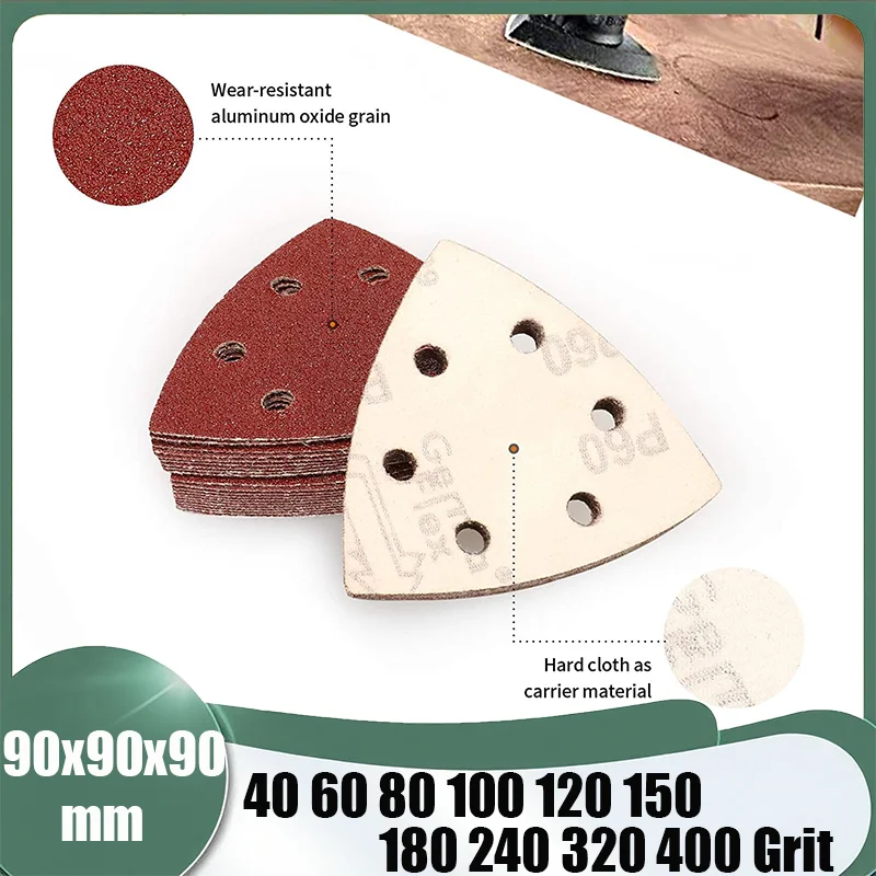 5-50Pcs 90*90*90mm Sanding Sheets 6 Hole Triangle Sandpaper Aluminum Oxide Hook & Loop Abrasive Sanding Disc For Wood Sanding