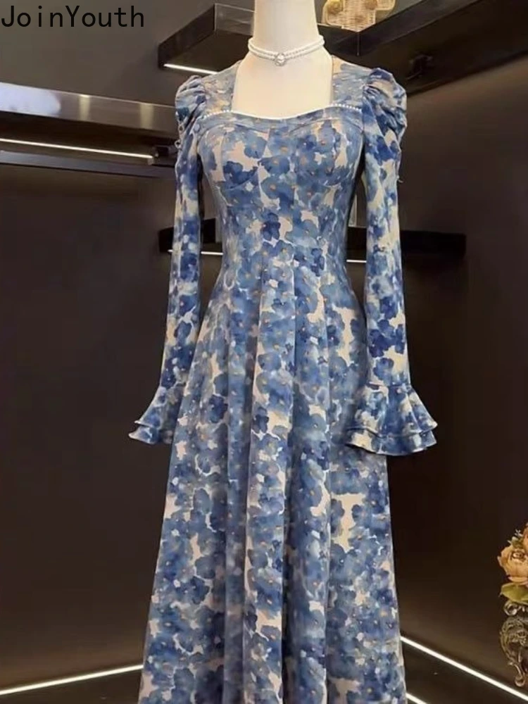 Temperamento Robe Femme abiti floreali donna 2024 Vestidos De Mujer manica svasata perline colletto quadrato tunica Vintage Maxi Dress