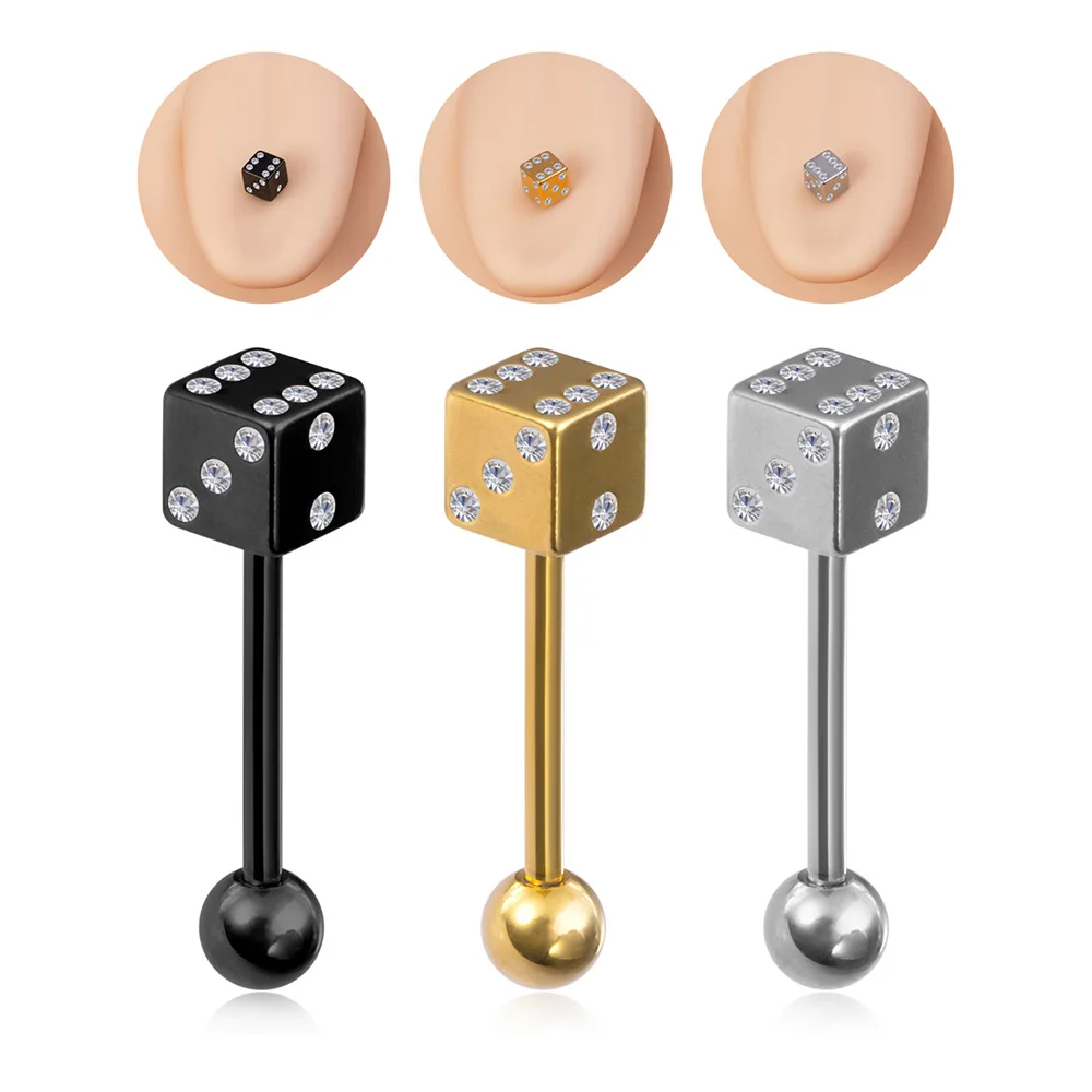 HONGTU 1pc Lucky Dice Tongue Piercing Barbell CZ Crystal Tongue Rings  for Women Surgical Steel Sexy Piercings Fashion Jewelry