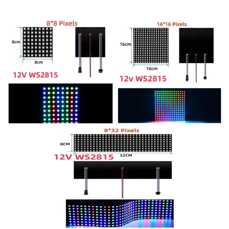 New Led Flexible Module Screen DC12V 8*8 16*16 8*32 Led Panel 4Pin WS2815 Dual Signal Individually Addressable Panel Led Light