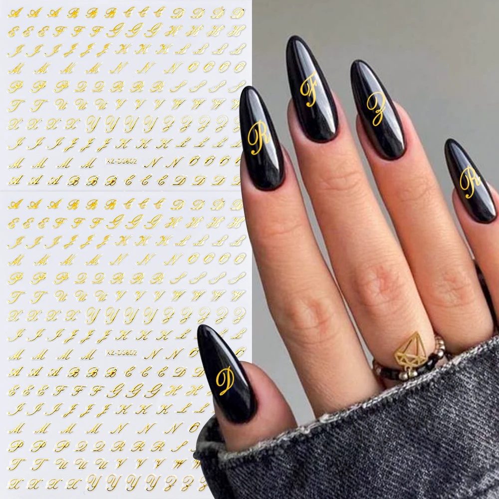 1Pc 3D Roman Letter Nail Stickers Gold/Silver/Black/Laser Alphabet Self Adhesive Decal Y2K English Words/Number Manicure Sliders