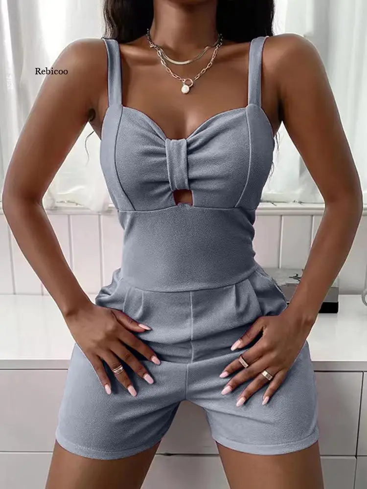 

Fashion Spring Bow Jumpsuit Women Sexy Backless Solid Romper Overalls Elegant Summer Hollow Bow Straps Backless Shorts Playsuit