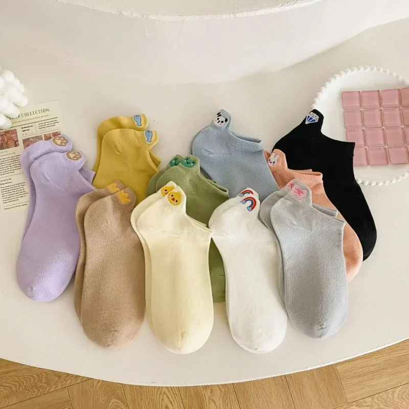 Solid Color Sock Slippers Women Cartoon Embroidery Cute Low Socks Summer High Quality Cotton Breathable Invisible No Show Socks