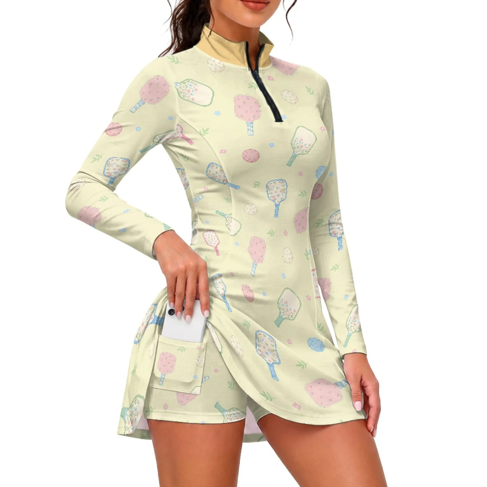 PENSTROLL Pickleball Paddle 2 Pieces Women's Long Sleeve Golf Dress with Shorts, Breathable Slim Dress for Tennis Yoga