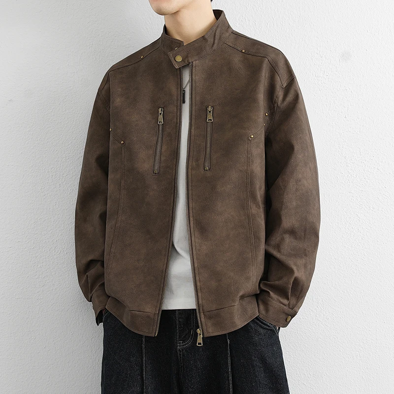 

Повседневная мужская куртка из искусственной кожи со свободным воротником, молодежная брендовая модная повседневная длинная застежка-молния-стойка, весна-осень