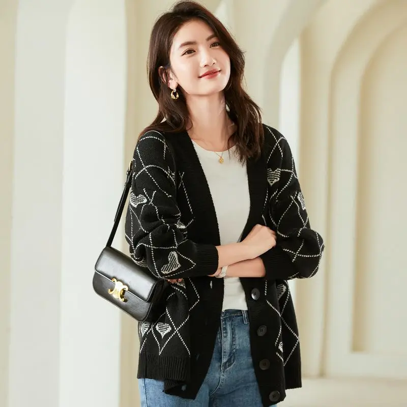 VICTORIA&VERA argyle check V-neck cardigan jacket 2024 autumn and winter wear   sweater mujer    cardigan women   tops