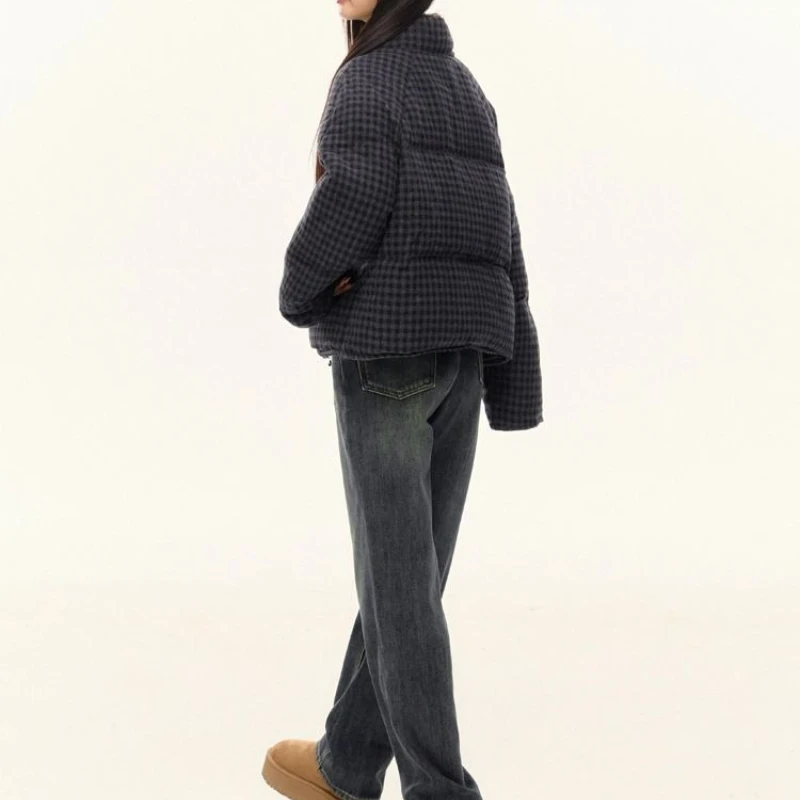 Damska luźna kurtka zimowa typu chlebak, odzież damska, koreańska krótka kurtka w kratę, ocieplana watą.