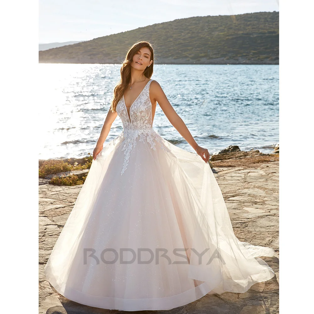 RODDRSYA Elegantes vestidos de casamento Boho para mulheres, decote em v, apliques A-Line, renda, sem encosto, personalizados, sexy, 2023