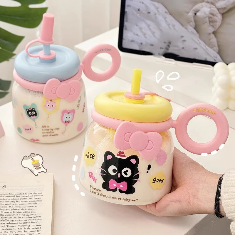 Large Cute Cat Water Bottle With Straw Cap Handle For Coffee Tea Juice 950ml Plastic Tumbler With Filter Gym Travel Drink Bottle