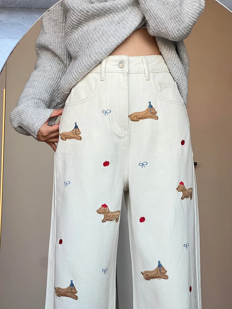 

Джинсы женские с высокой талией и широкими штанинами, весенний дизайн, с вышивкой в виде мультяшной собаки, свободные, в пол, синие, прямого кроя