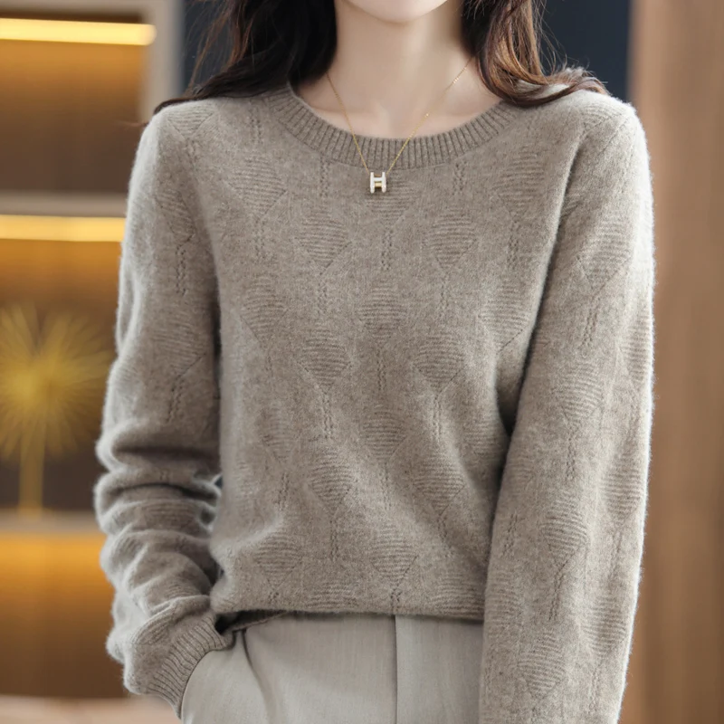 2022 Spring And Autumn Women's Fashion Hollow Round Neck Solid Color Pullover Loose Casual All-Match 100% Wool Knitted Sweater