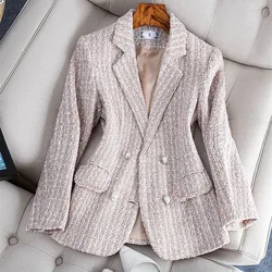 Spring Autumn Women Jacket Double-Breasted Lattice Tweed Woolen Coats 2024 Female Casual Thick Blazers Outerwear Ladies Suit 3XL