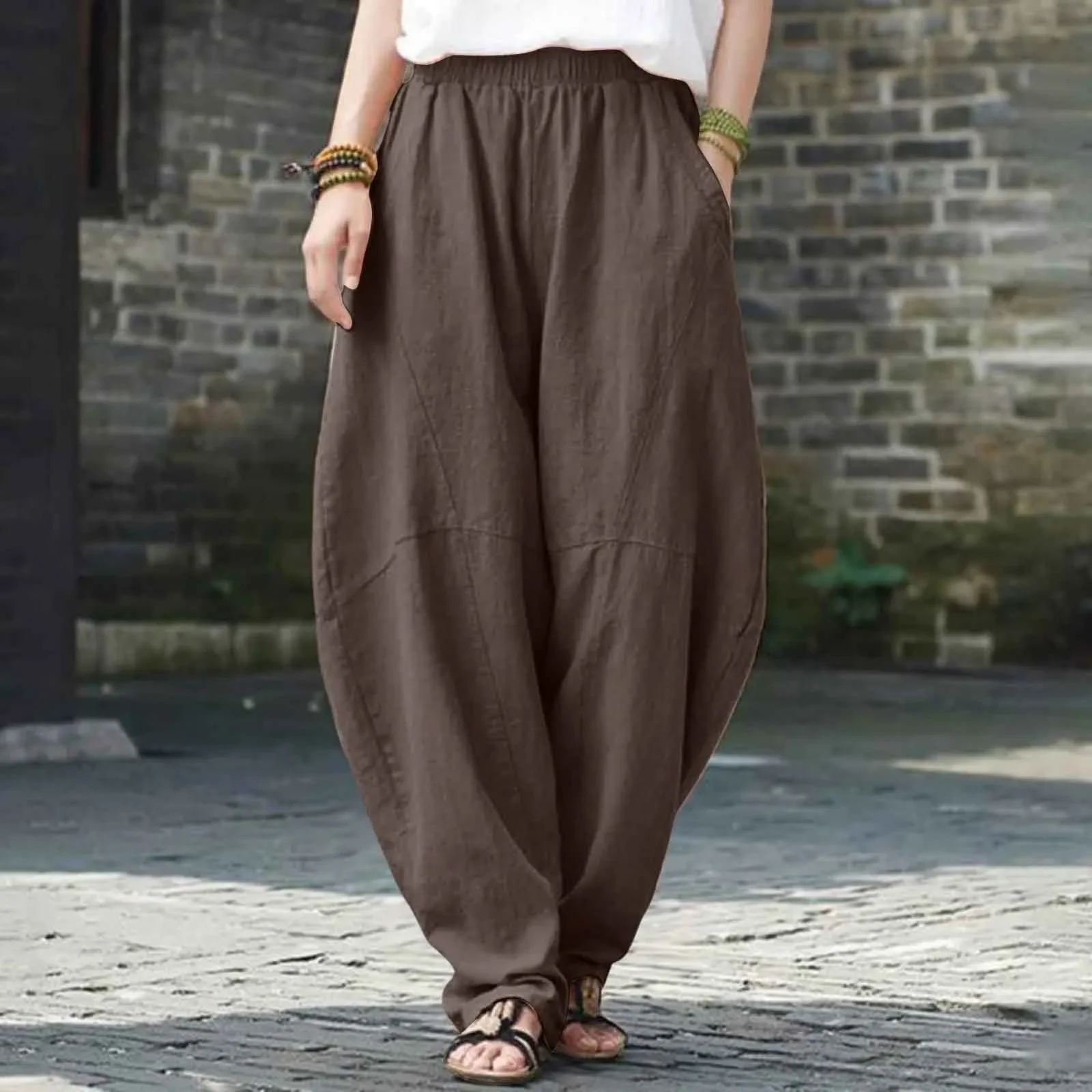 Cotton Linen Wide Leg Pants Loose Fitting Women Casual Cargo Pants Solid Baggy Pants Woman Trousers Streetwear