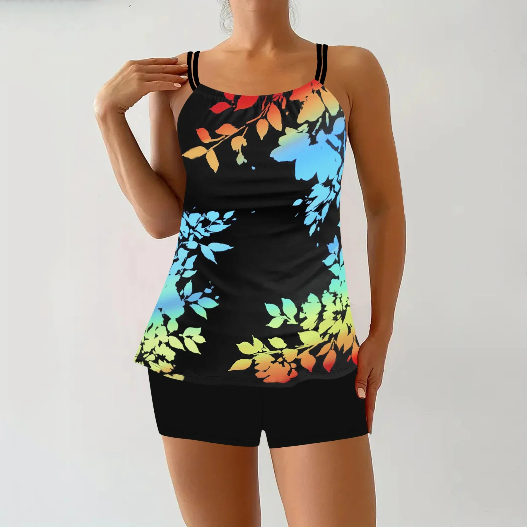 New Summer Women's Holiday Resort Style Swimwear Fashion Design Cyan Leaf Print Halter Swimsuit Two Piece Set S-6XL