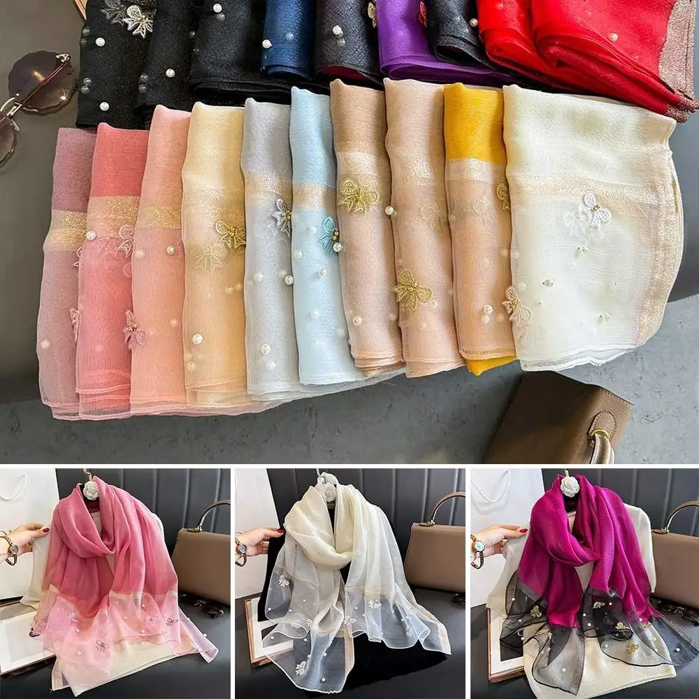 

Summer Bow Pearl Silk Scarf Embroidered Breathable Beach Shawl Smooth Sun-Resistant Headkerchief Spring