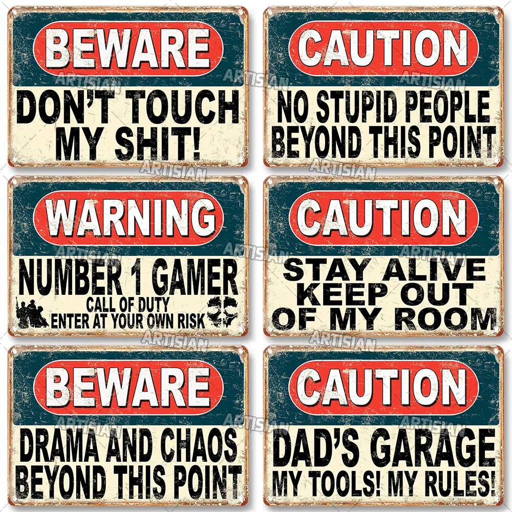 Weathered Warning Metal Tin Sign Vintage Poster Caution Metal Signs Home Bar Garage Wall Decor Signs Retro Beware Metal Plaque