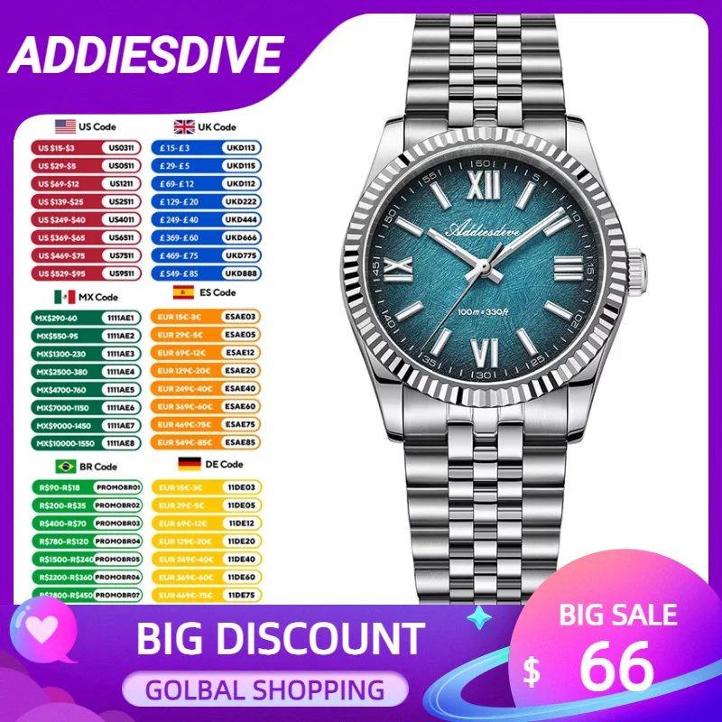 

ADDIESDIVE 2025 New Watches for Men Sapphire Glass 100m Quartz Watch Business Mens reloj hombre Stainless Steel Luminous Watches