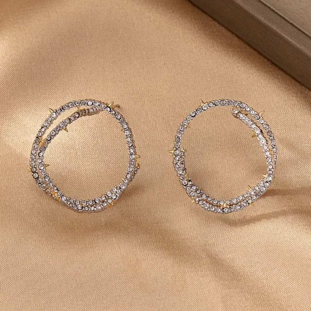 Original Design Copper Gold-plated Two-color Irregular Full Diamond Stud Earrings