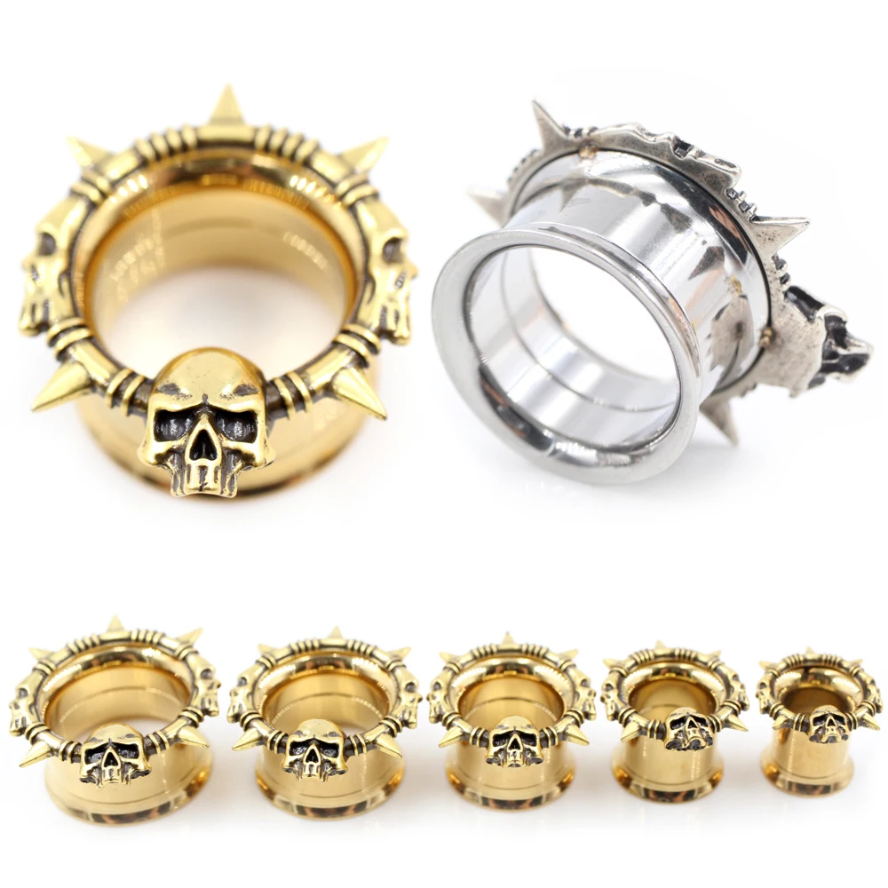 Alisouy 1PC Tunnel d'oreille évasé en acier inoxydable avec motif crâne, dilatateur, plug, extenseur, jauge, boucles d'oreilles, bijoux de piercing corporel