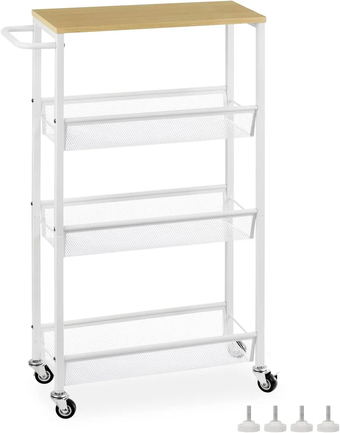 

Slim Storage Cart, 4 Tier Rolling Kitchen Shelving Unit on Wheels Mobile Narrow Cart with Wooden Tabletop for Bathroom,