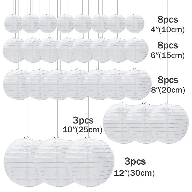 30pcs/lot 4\'\'-12\'\' White Chinese Paper Lanterns Ball Hanging Round Lantern Chinese Paper Ball Lampion For Party Holiday Decor