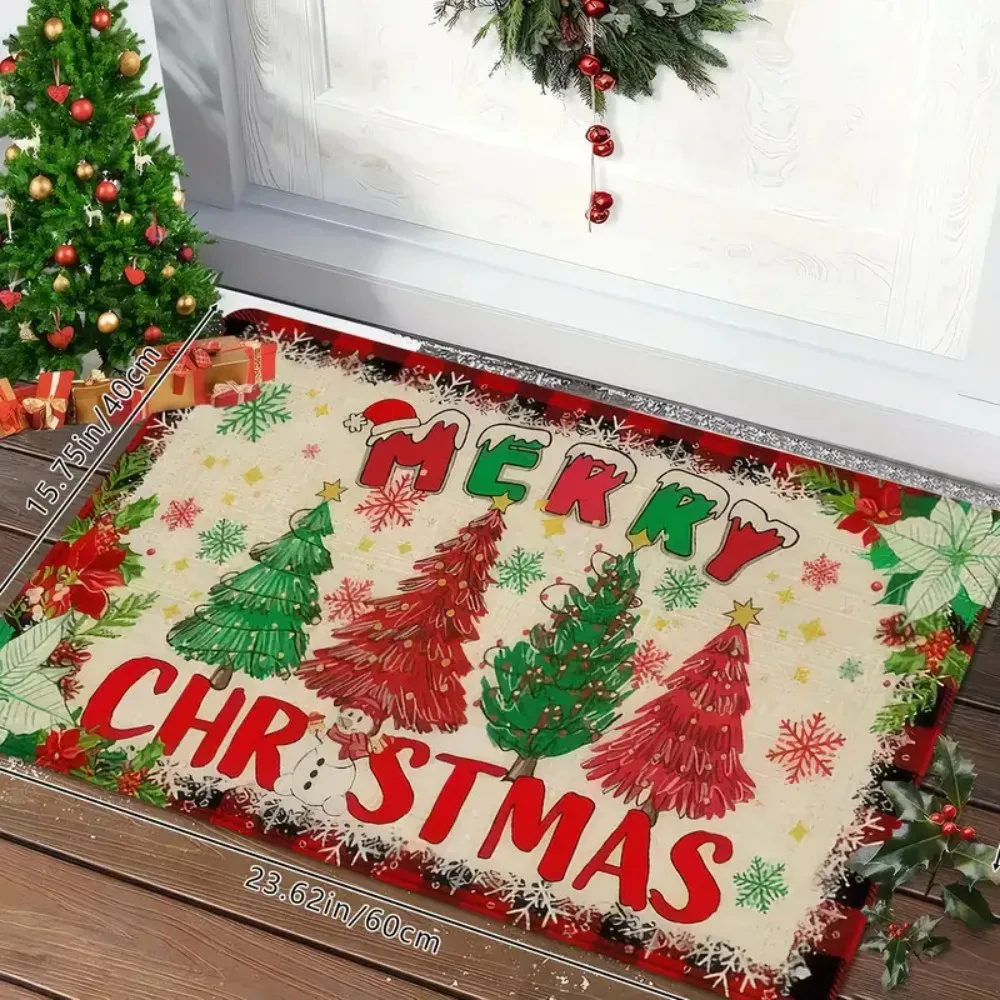 

Большой рождественский напольный коврик с красными и зелеными деревьями и надписью «Счастливого Рождества» — нескользящий мягкий праздничный декоративный напольный коврик