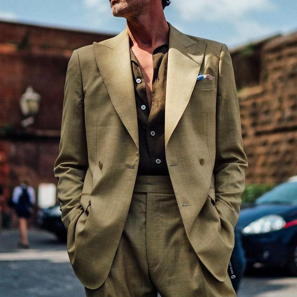 

Men's Cotton Linen Suit Two-piece Set Gun Neck Double-breasted Casual Suit Set Cool and Breathable Workwear Jackets Man Sets