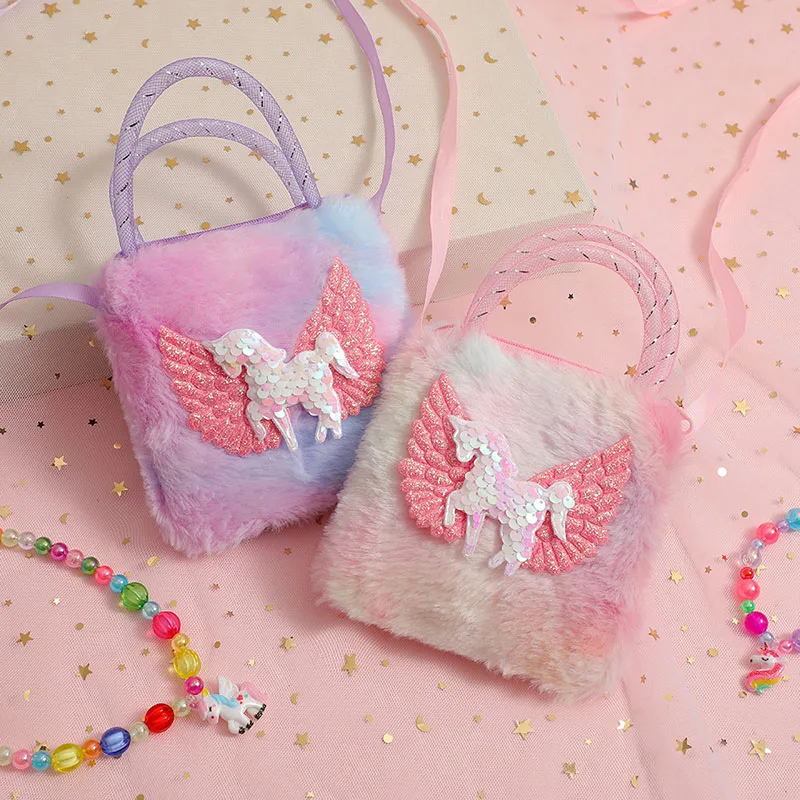 Bolso de hombro de felpa de unicornio de franela para niños, bandolera pequeña cuadrada, monedero, regalos exquisitos